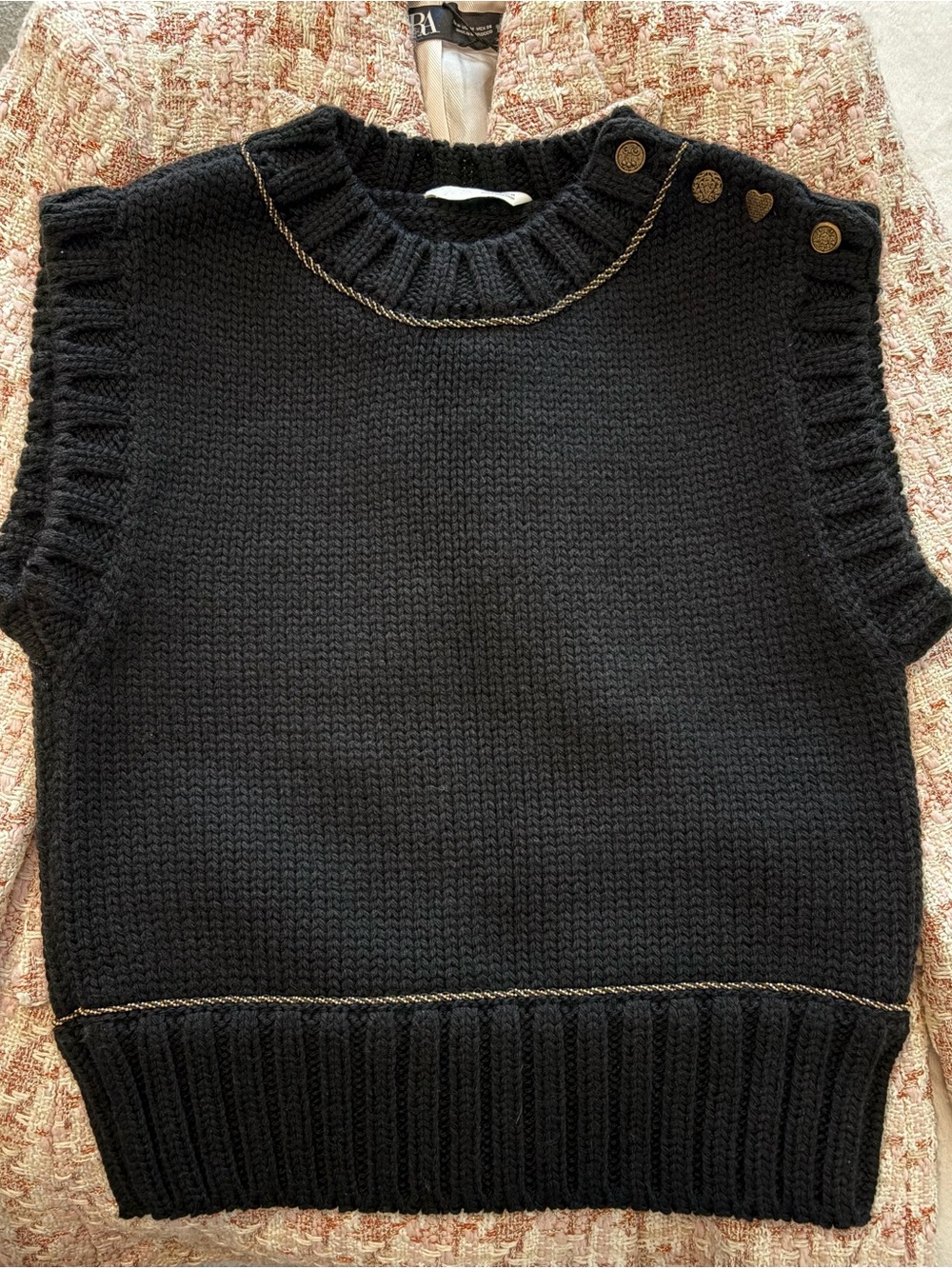 NWOT Zara Heavy Knit Vest with Gold Buttons Black